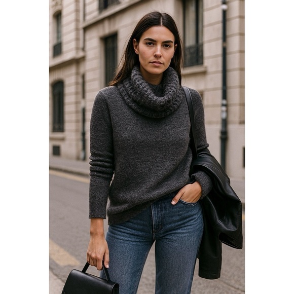 EILEEN FISHER | Wool-Mohair Blend Cowl Neck Sweater in Charcoal Grey | S - Picture 1 of 12